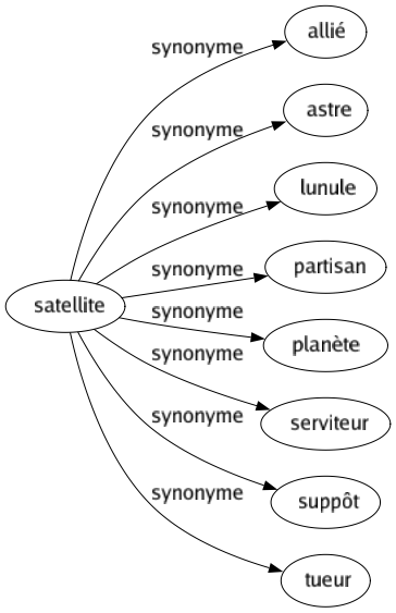 Synonyme de Satellite : Allié Astre Lunule Partisan Planète Serviteur Suppôt Tueur 