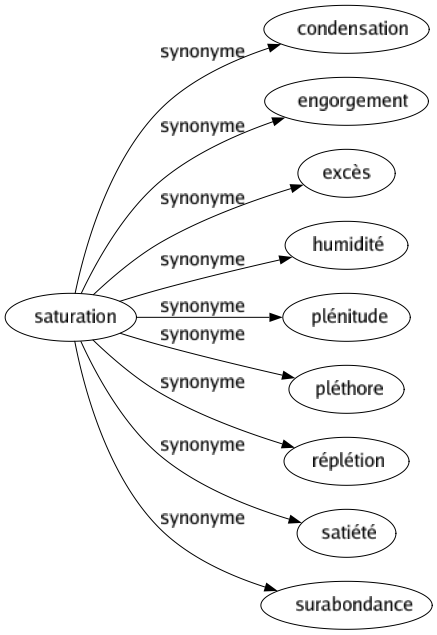 Synonyme de Saturation : Condensation Engorgement Excès Humidité Plénitude Pléthore Réplétion Satiété Surabondance 