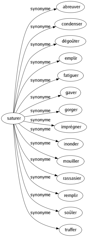 Synonyme de Saturer : Abreuver Condenser Dégoûter Emplir Fatiguer Gaver Gorger Imprégner Inonder Mouiller Rassasier Remplir Soûler Truffer 