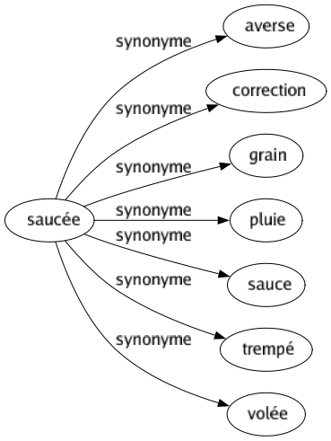Synonyme de Saucée : Averse Correction Grain Pluie Sauce Trempé Volée 