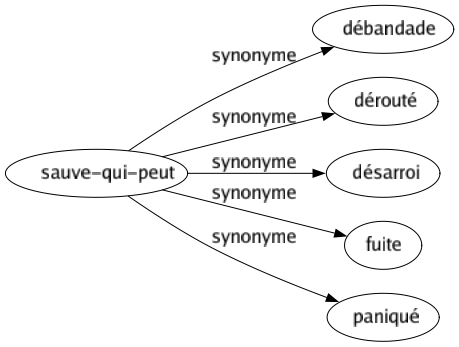 Synonyme de Sauve-qui-peut : Débandade Dérouté Désarroi Fuite Paniqué 