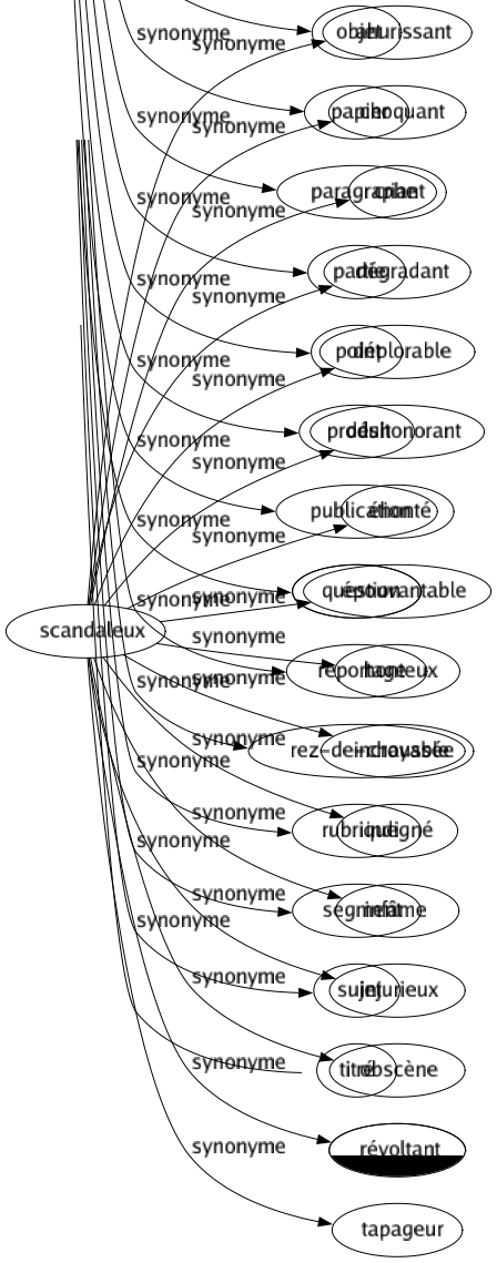Synonyme de Scandaleux : Ahurissant Choquant Criant Dégradant Déplorable Déshonorant Éhonté Épouvantable Honteux Incroyable Indigné Infâme Injurieux Obscène Révoltant Tapageur 