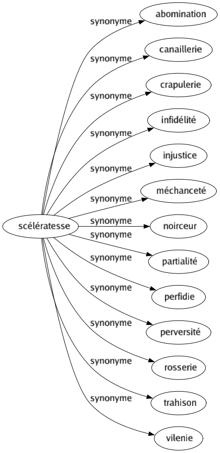 Synonyme de Scélératesse : Abomination Canaillerie Crapulerie Infidélité Injustice Méchanceté Noirceur Partialité Perfidie Perversité Rosserie Trahison Vilenie 