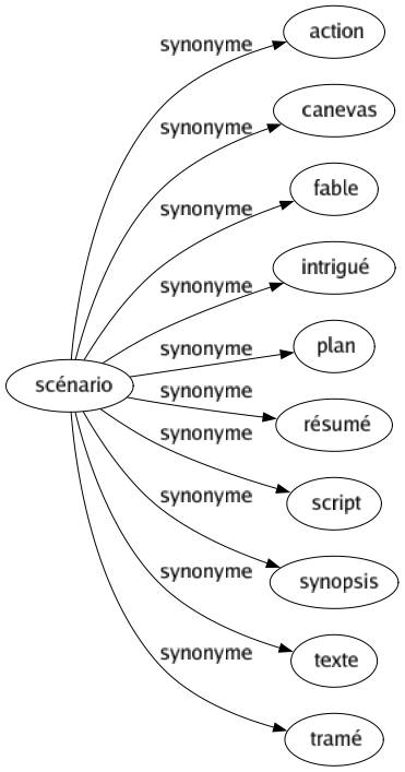 Synonyme de Scénario : Action Canevas Fable Intrigué Plan Résumé Script Synopsis Texte Tramé 