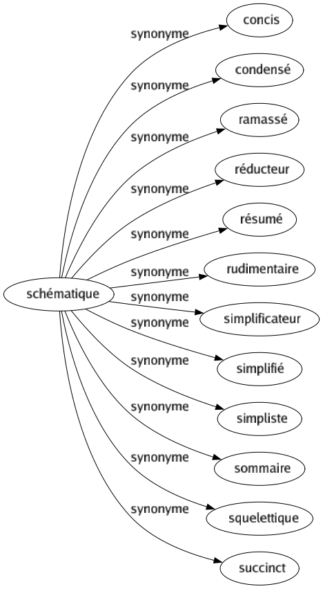 Synonyme de Schématique : Concis Condensé Ramassé Réducteur Résumé Rudimentaire Simplificateur Simplifié Simpliste Sommaire Squelettique Succinct 