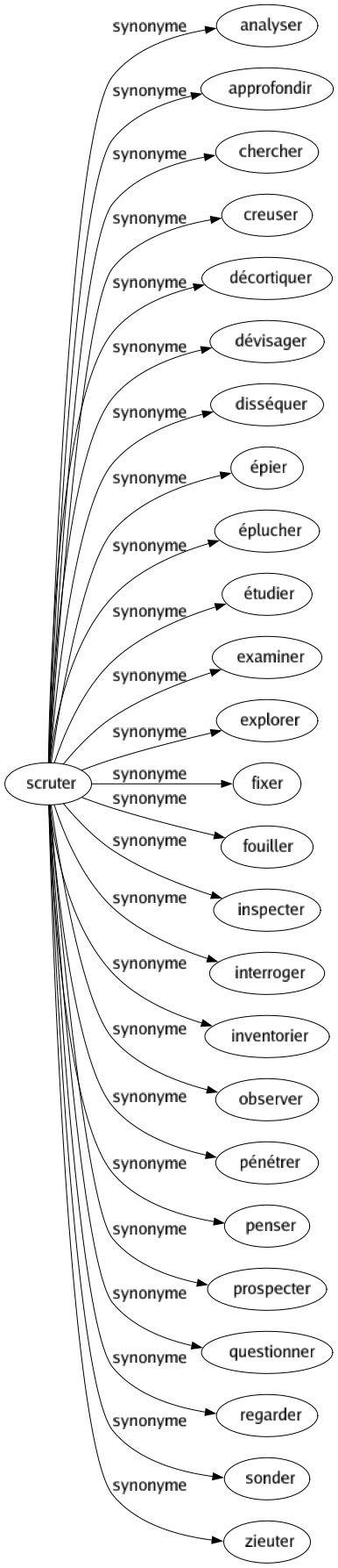 Synonyme de Scruter : Analyser Approfondir Chercher Creuser Décortiquer Dévisager Disséquer Épier Éplucher Étudier Examiner Explorer Fixer Fouiller Inspecter Interroger Inventorier Observer Pénétrer Penser Prospecter Questionner Regarder Sonder Zieuter 