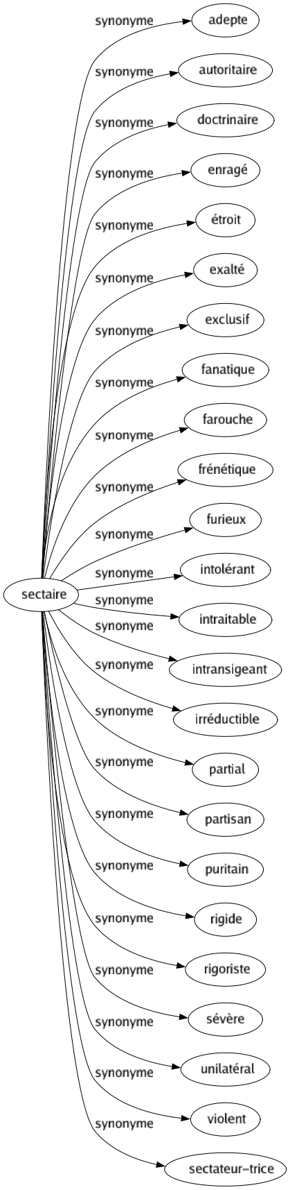 Synonyme de Sectaire : Adepte Autoritaire Doctrinaire Enragé Étroit Exalté Exclusif Fanatique Farouche Frénétique Furieux Intolérant Intraitable Intransigeant Irréductible Partial Partisan Puritain Rigide Rigoriste Sévère Unilatéral Violent Sectateur-trice 