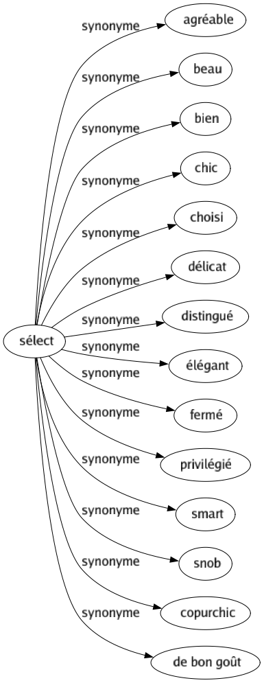 Synonyme de Sélect : Agréable Beau Bien Chic Choisi Délicat Distingué Élégant Fermé Privilégié Smart Snob Copurchic De bon goût 