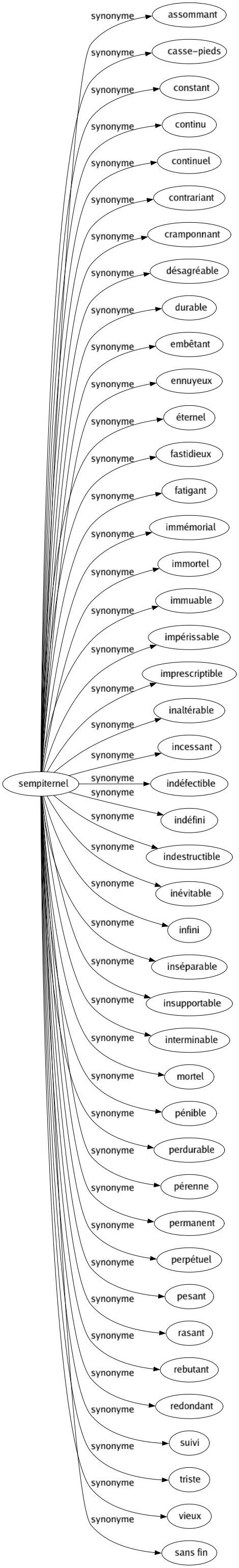 Synonyme de Sempiternel : Assommant Casse-pieds Constant Continu Continuel Contrariant Cramponnant Désagréable Durable Embêtant Ennuyeux Éternel Fastidieux Fatigant Immémorial Immortel Immuable Impérissable Imprescriptible Inaltérable Incessant Indéfectible Indéfini Indestructible Inévitable Infini Inséparable Insupportable Interminable Mortel Pénible Perdurable Pérenne Permanent Perpétuel Pesant Rasant Rebutant Redondant Suivi Triste Vieux Sans fin 