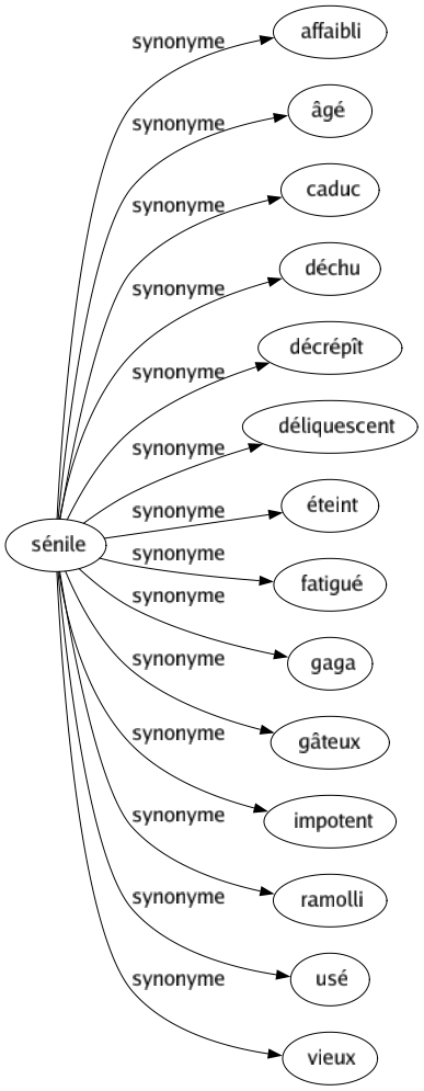 Synonyme de Sénile : Affaibli Âgé Caduc Déchu Décrépît Déliquescent Éteint Fatigué Gaga Gâteux Impotent Ramolli Usé Vieux 