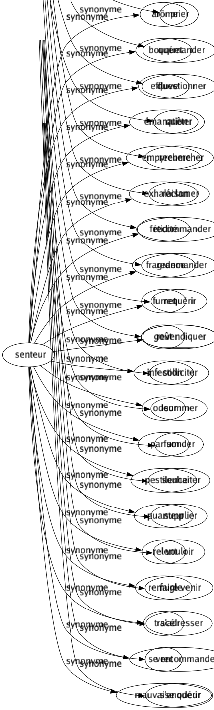 Synonyme de Senteur : Arôme Bouquet Effluve Émanation Empyreume Exhalaison Fétidité Fragrance Fumet Goût Infection Odeur Parfum Pestilence Puanteur Relent Remugle Tracé Vent Mauvaise odeur 