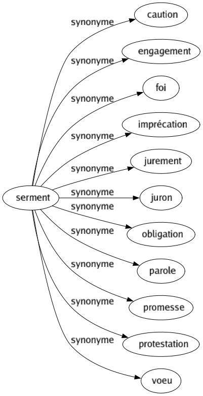 Synonyme de Serment : Caution Engagement Foi Imprécation Jurement Juron Obligation Parole Promesse Protestation Voeu 