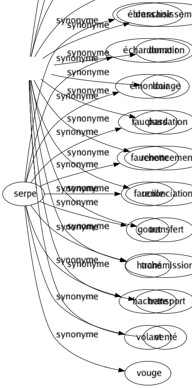 Synonyme de Serpe : Ébranchoir Échardonnoir Émondoir Fauchard Fauchette Faucille Gouet Haché Hachette Volant Vouge 
