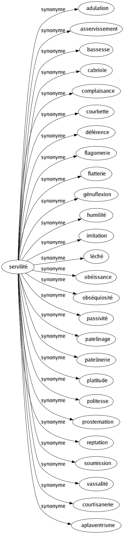 Synonyme de Servilité : Adulation Asservissement Bassesse Cabriole Complaisance Courbette Déférence Flagornerie Flatterie Génuflexion Humilité Imitation Léché Obéissance Obséquiosité Passivité Patelinage Patelinerie Platitude Politesse Prosternation Reptation Soumission Vassalité Courtisanerie Aplaventrisme 