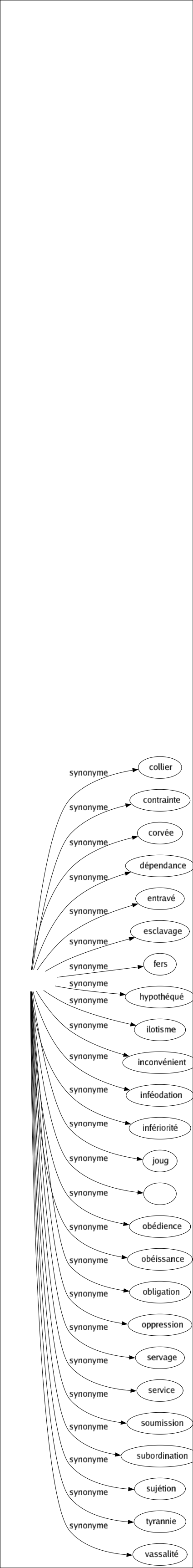 Synonyme de Servitude : Abaissement Allégeance Asservissement Assujettissement Astreinte Bagne Cage Captivité Carcan Chaîné Chargé Collier Contrainte Corvée Dépendance Entravé Esclavage Fers Hypothéqué Ilotisme Inconvénient Inféodation Infériorité Joug Lien Obédience Obéissance Obligation Oppression Servage Service Soumission Subordination Sujétion Tyrannie Vassalité 