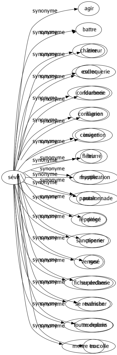 Synonyme de Sévir : Agir Battre Châtier Coller Condamner Consigner Corriger Flétrir Frapper Punir Réprimer Sanctionner Venger Ficher dedans Se revancher Foutre dedans Mettre en colle 