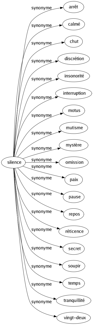 Synonyme de Silence : Arrêt Calmé Chut Discrétion Insonorité Interruption Motus Mutisme Mystère Omission Paix Pause Repos Réticence Secret Soupir Temps Tranquillité Vingt-deux 