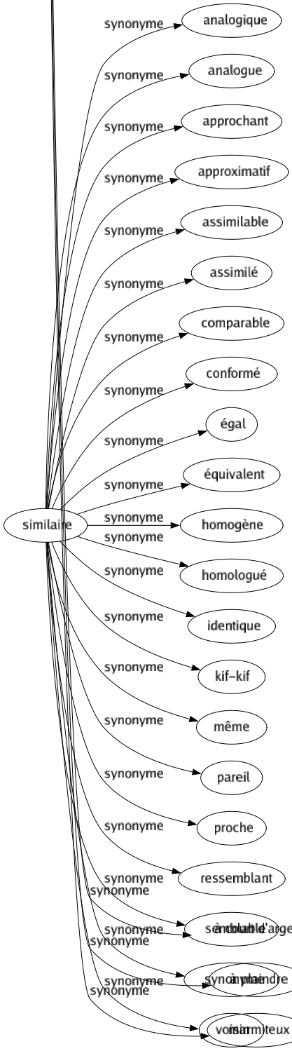 Synonyme de Similaire : Analogique Analogue Approchant Approximatif Assimilable Assimilé Comparable Conformé Égal Équivalent Homogène Homologué Identique Kif-kif Même Pareil Proche Ressemblant Semblable Synonyme Voisin 