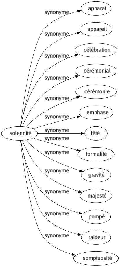 Synonyme de Solennité : Apparat Appareil Célébration Cérémonial Cérémonie Emphase Fêté Formalité Gravité Majesté Pompé Raideur Somptuosité 