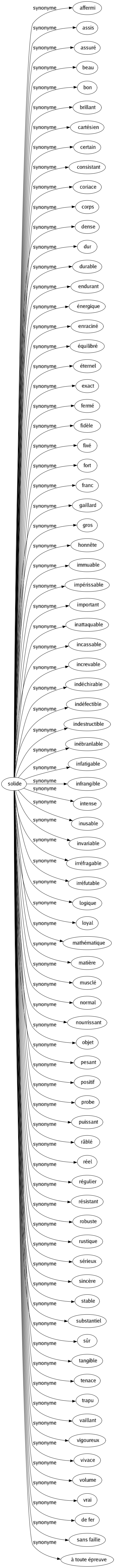 Synonyme de Solide : Affermi Assis Assuré Beau Bon Brillant Cartésien Certain Consistant Coriace Corps Dense Dur Durable Endurant Énergique Enraciné Équilibré Éternel Exact Fermé Fidèle Fixé Fort Franc Gaillard Gros Honnête Immuable Impérissable Important Inattaquable Incassable Increvable Indéchirable Indéfectible Indestructible Inébranlable Infatigable Infrangible Intense Inusable Invariable Irréfragable Irréfutable Logique Loyal Mathématique Matière Musclé Normal Nourrissant Objet Pesant Positif Probe Puissant Râblé Réel Régulier Résistant Robuste Rustique Sérieux Sincère Stable Substantiel Sûr Tangible Tenace Trapu Vaillant Vigoureux Vivace Volume Vrai De fer Sans faille À toute épreuve 