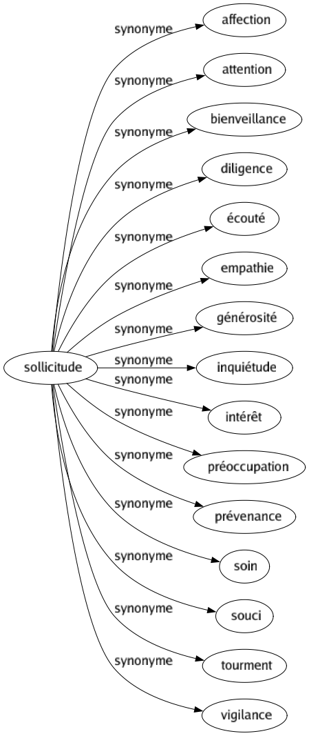 Synonyme de Sollicitude : Affection Attention Bienveillance Diligence Écouté Empathie Générosité Inquiétude Intérêt Préoccupation Prévenance Soin Souci Tourment Vigilance 