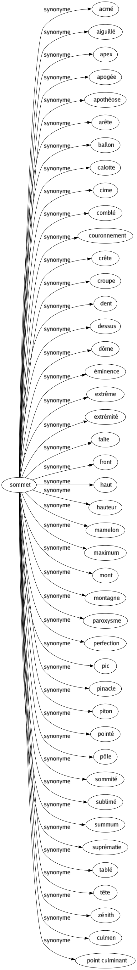 Synonyme de Sommet : Acmé Aiguillé Apex Apogée Apothéose Arête Ballon Calotte Cime Comblé Couronnement Crête Croupe Dent Dessus Dôme Éminence Extrême Extrémité Faîte Front Haut Hauteur Mamelon Maximum Mont Montagne Paroxysme Perfection Pic Pinacle Piton Pointé Pôle Sommité Sublimé Summum Suprématie Tablé Tête Zénith Culmen Point culminant 
