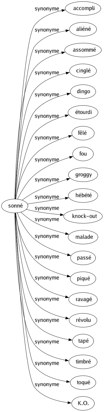 Synonyme de Sonné : Accompli Aliéné Assommé Cinglé Dingo Étourdi Fêlé Fou Groggy Hébété Knock-out Malade Passé Piqué Ravagé Révolu Tapé Timbré Toqué K.o. 