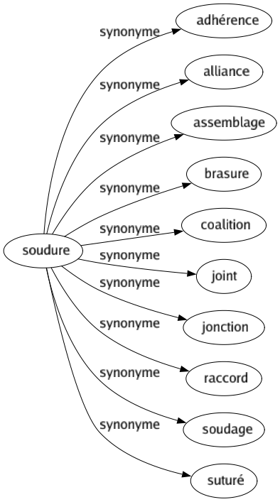 Synonyme de Soudure : Adhérence Alliance Assemblage Brasure Coalition Joint Jonction Raccord Soudage Suturé 