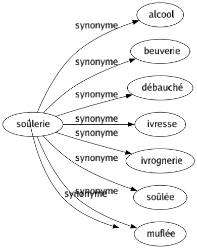Synonyme de Soûlerie : Alcool Beuverie Débauché Ivresse Ivrognerie Soûlée Muflée 