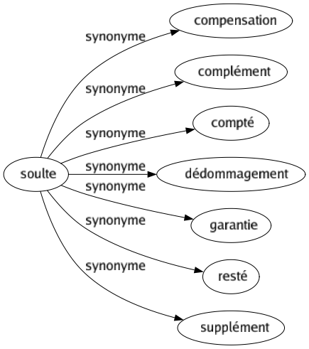Synonyme de Soulte : Compensation Complément Compté Dédommagement Garantie Resté Supplément 