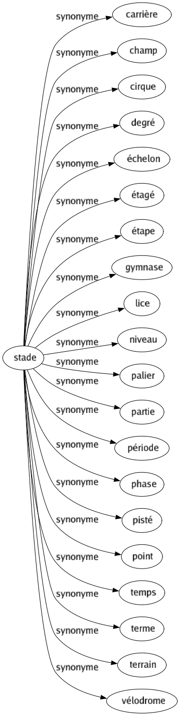 Synonyme de Stade : Carrière Champ Cirque Degré Échelon Étagé Étape Gymnase Lice Niveau Palier Partie Période Phase Pisté Point Temps Terme Terrain Vélodrome 