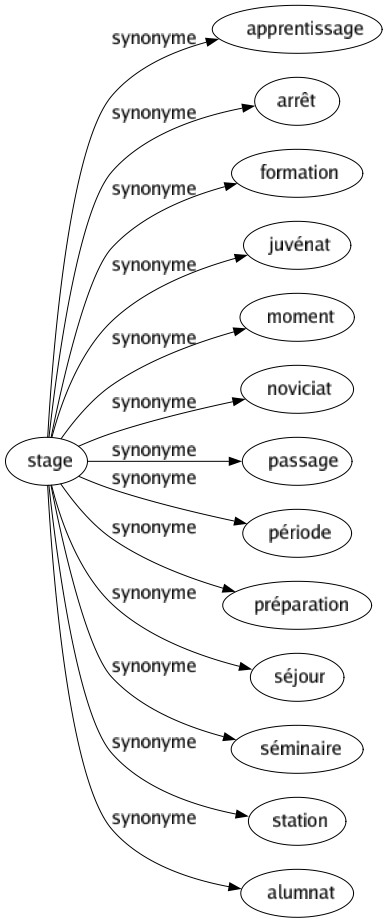 Synonyme de Stage : Apprentissage Arrêt Formation Juvénat Moment Noviciat Passage Période Préparation Séjour Séminaire Station Alumnat 