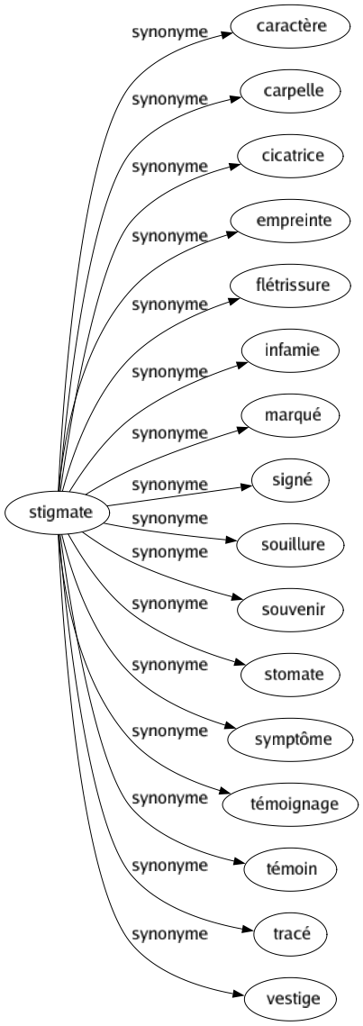 Synonyme de Stigmate : Caractère Carpelle Cicatrice Empreinte Flétrissure Infamie Marqué Signé Souillure Souvenir Stomate Symptôme Témoignage Témoin Tracé Vestige 