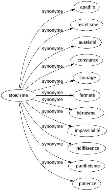 Synonyme de Stoïcisme : Apathie Ascétisme Austérité Constance Courage Fermeté Héroïsme Impassibilité Indifférence Panthéisme Patience 
