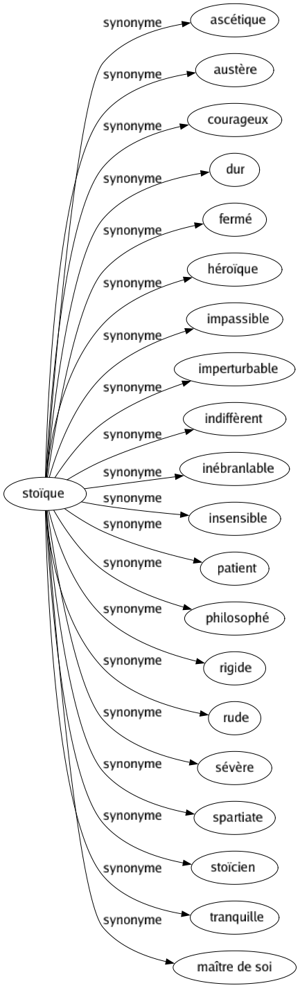 Synonyme de Stoïque : Ascétique Austère Courageux Dur Fermé Héroïque Impassible Imperturbable Indiffèrent Inébranlable Insensible Patient Philosophé Rigide Rude Sévère Spartiate Stoïcien Tranquille Maître de soi 