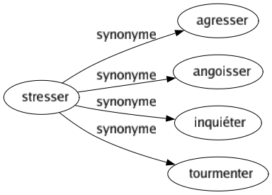Synonyme de Stresser : Agresser Angoisser Inquiéter Tourmenter 
