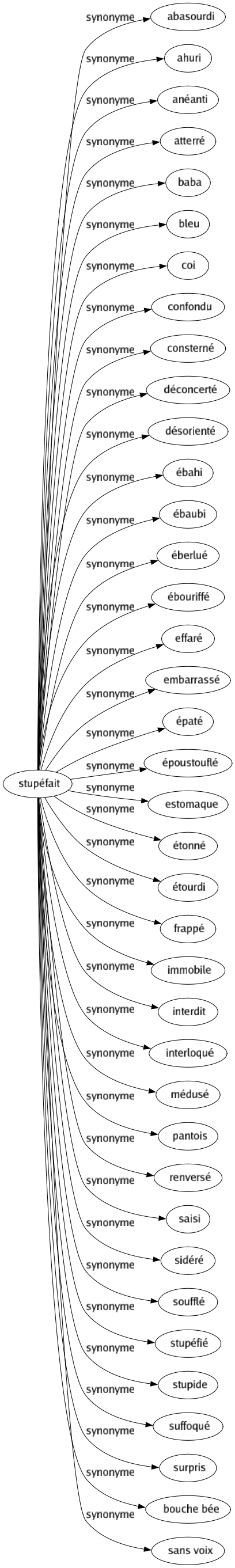 Synonyme de Stupéfait : Abasourdi Ahuri Anéanti Atterré Baba Bleu Coi Confondu Consterné Déconcerté Désorienté Ébahi Ébaubi Éberlué Ébouriffé Effaré Embarrassé Épaté Époustouflé Estomaque Étonné Étourdi Frappé Immobile Interdit Interloqué Médusé Pantois Renversé Saisi Sidéré Soufflé Stupéfié Stupide Suffoqué Surpris Bouche bée Sans voix 