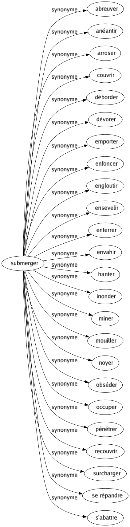 Synonyme de Submerger : Abreuver Anéantir Arroser Couvrir Déborder Dévorer Emporter Enfoncer Engloutir Ensevelir Enterrer Envahir Hanter Inonder Miner Mouiller Noyer Obséder Occuper Pénétrer Recouvrir Surcharger Se répandre S'abattre 