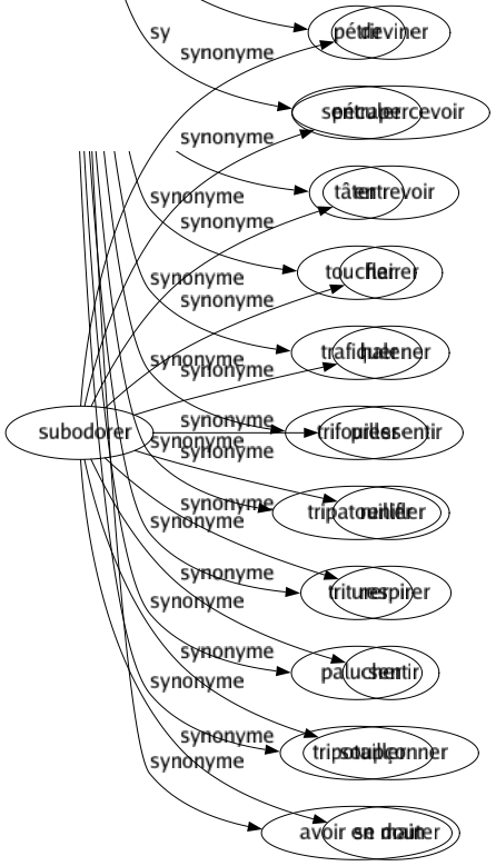 Synonyme de Subodorer : Deviner Entrapercevoir Entrevoir Flairer Halener Pressentir Renifler Respirer Sentir Soupçonner Se douter 
