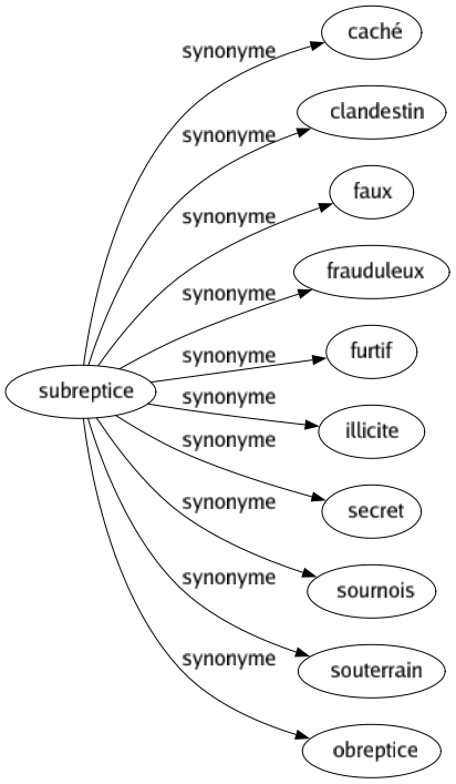 Synonyme de Subreptice : Caché Clandestin Faux Frauduleux Furtif Illicite Secret Sournois Souterrain Obreptice 