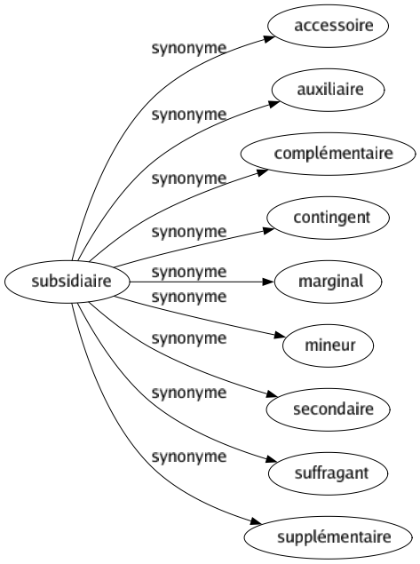 Synonyme de Subsidiaire : Accessoire Auxiliaire Complémentaire Contingent Marginal Mineur Secondaire Suffragant Supplémentaire 