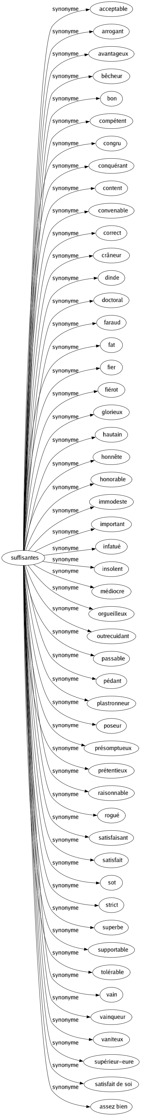 Synonyme de Suffisantes : Acceptable Arrogant Avantageux Bêcheur Bon Compétent Congru Conquérant Content Convenable Correct Crâneur Dinde Doctoral Faraud Fat Fier Fiérot Glorieux Hautain Honnête Honorable Immodeste Important Infatué Insolent Médiocre Orgueilleux Outrecuidant Passable Pédant Plastronneur Poseur Présomptueux Prétentieux Raisonnable Rogué Satisfaisant Satisfait Sot Strict Superbe Supportable Tolérable Vain Vainqueur Vaniteux Supérieur-eure Satisfait de soi Assez bien 
