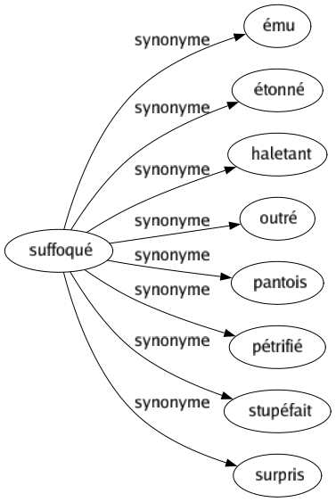 Synonyme de Suffoqué : Ému Étonné Haletant Outré Pantois Pétrifié Stupéfait Surpris 