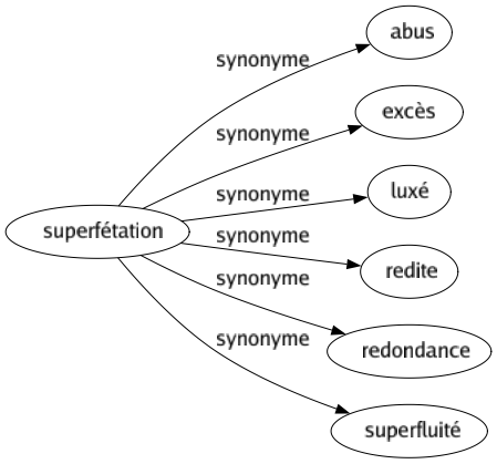 Synonyme de Superfétation : Abus Excès Luxé Redite Redondance Superfluité 