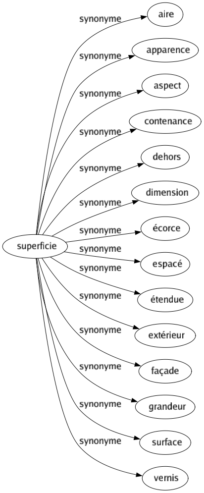 Synonyme de Superficie : Aire Apparence Aspect Contenance Dehors Dimension Écorce Espacé Étendue Extérieur Façade Grandeur Surface Vernis 