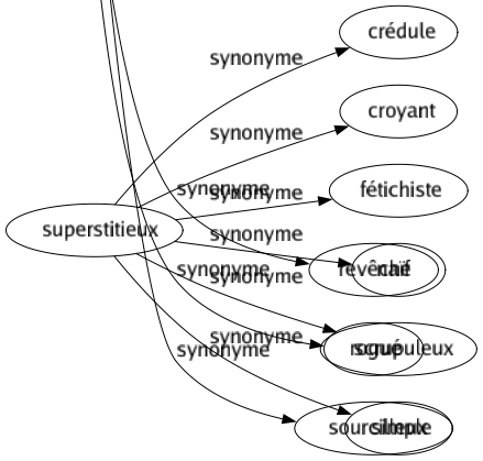 Synonyme de Superstitieux : Crédule Croyant Fétichiste Naïf Scrupuleux Simple 