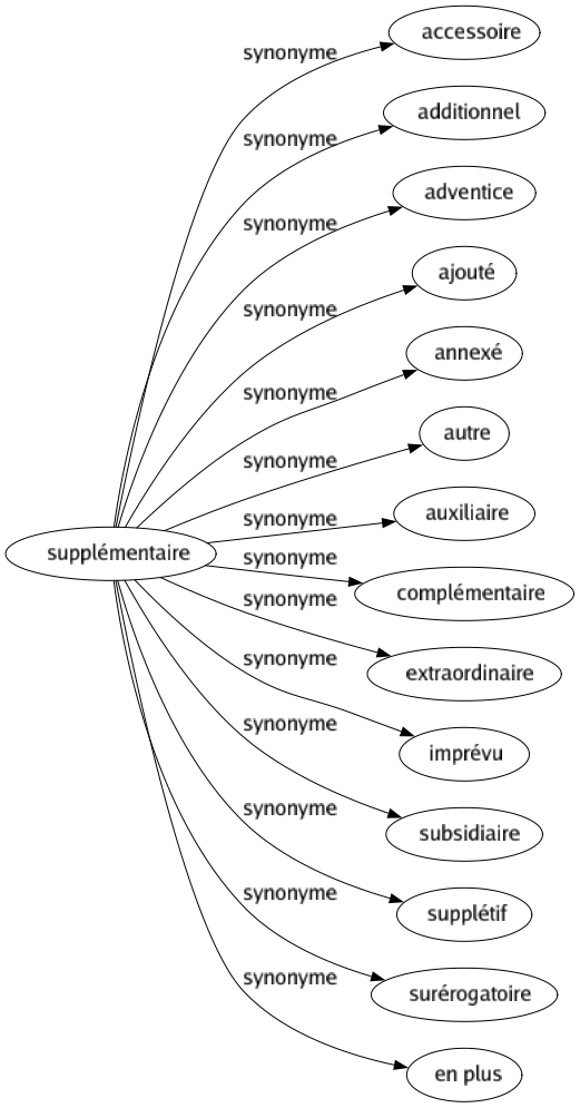 Synonyme de Supplémentaire : Accessoire Additionnel Adventice Ajouté Annexé Autre Auxiliaire Complémentaire Extraordinaire Imprévu Subsidiaire Supplétif Surérogatoire En plus 