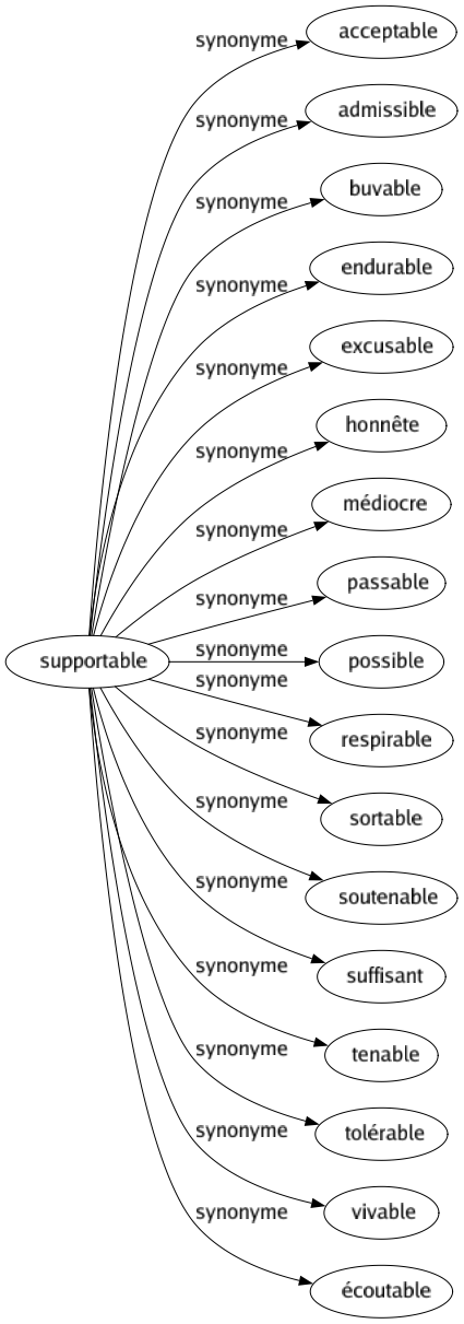 Synonyme de Supportable : Acceptable Admissible Buvable Endurable Excusable Honnête Médiocre Passable Possible Respirable Sortable Soutenable Suffisant Tenable Tolérable Vivable Écoutable 