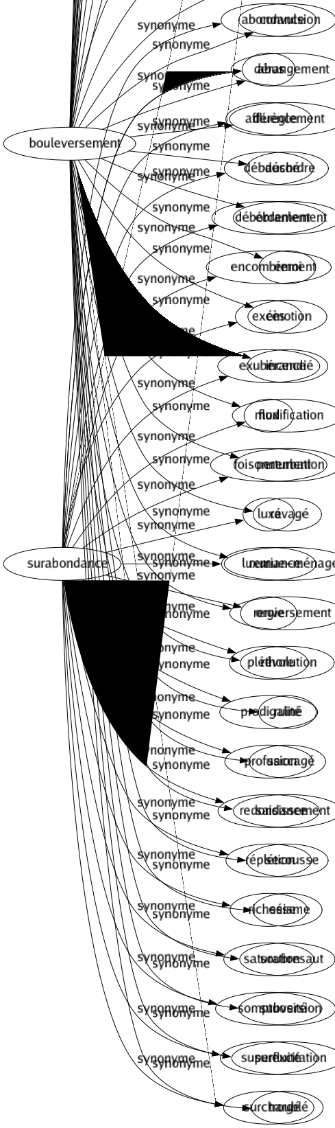 Synonyme de Surabondance : Abondance Abus Affluence Débauché Débordement Encombrement Excès Exubérance Flux Foisonnement Luxé Luxuriance Orgie Pléthore Prodigalité Profusion Redondance Réplétion Richesse Saturation Somptuosité Superfluité Surchargé 
