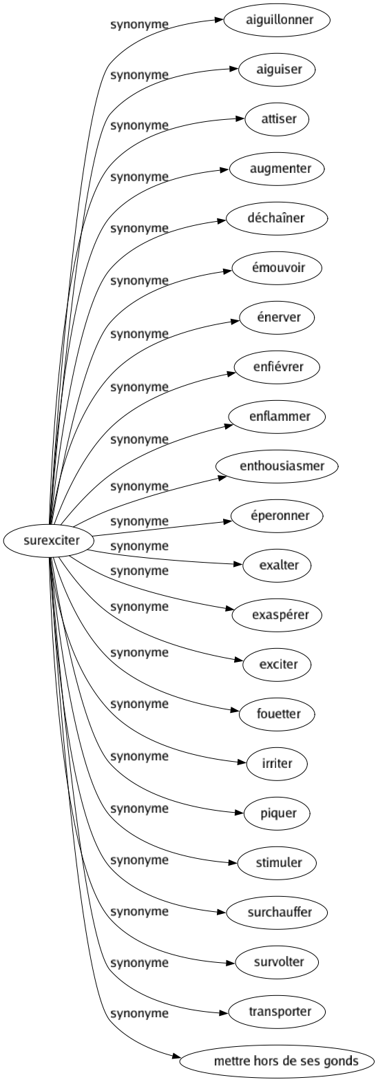 Synonyme de Surexciter : Aiguillonner Aiguiser Attiser Augmenter Déchaîner Émouvoir Énerver Enfiévrer Enflammer Enthousiasmer Éperonner Exalter Exaspérer Exciter Fouetter Irriter Piquer Stimuler Surchauffer Survolter Transporter Mettre hors de ses gonds 